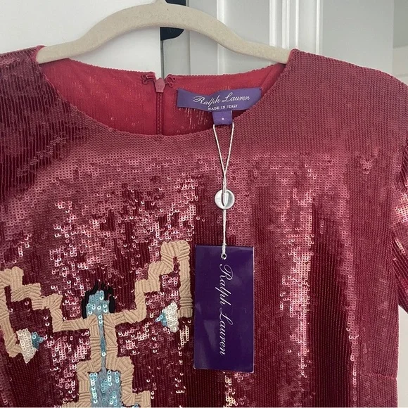 NWT Ralph Lauren Purple Label Embellished Cady Red Sequin Short Sleeve Dress new